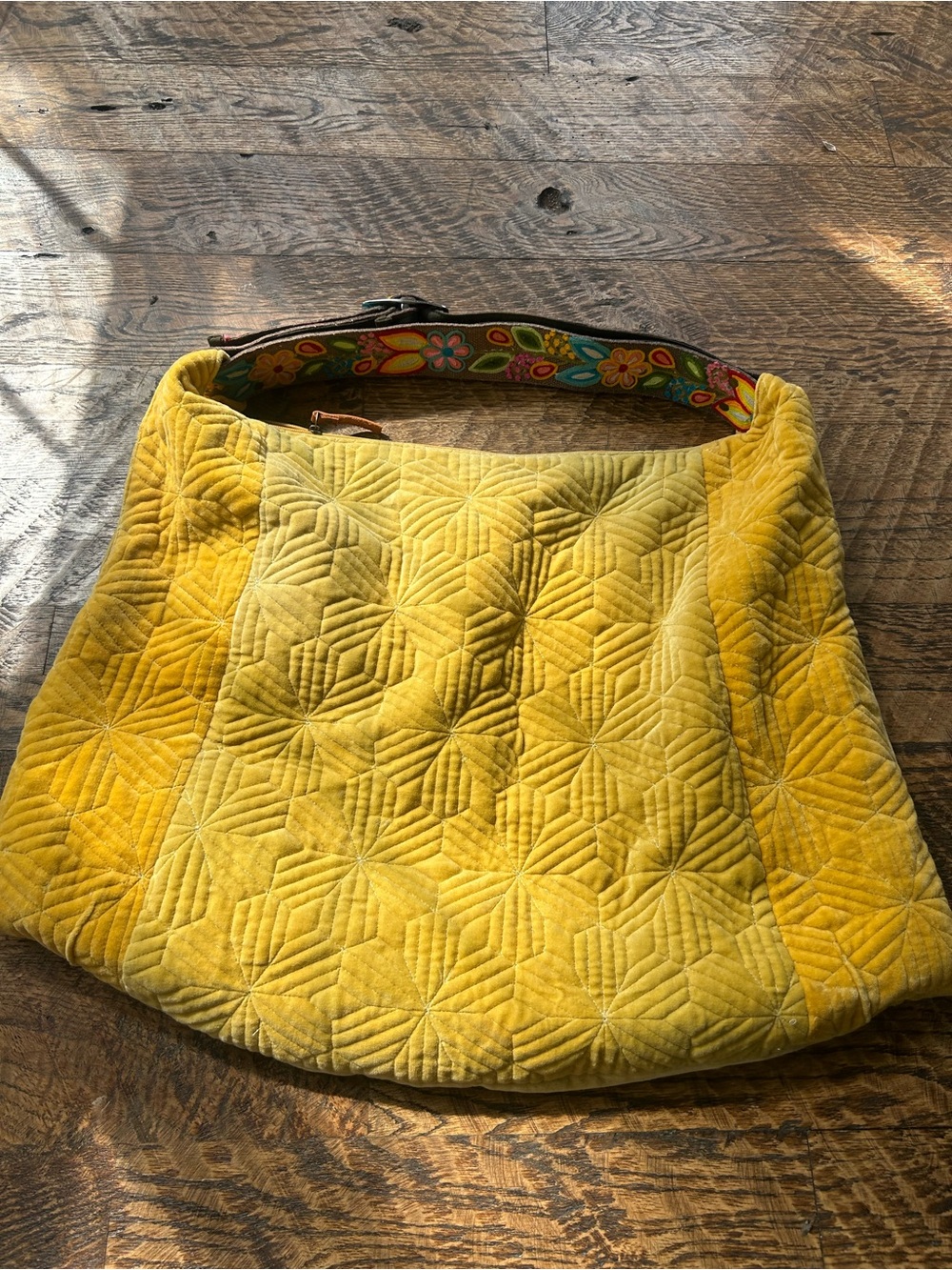 Large Livy Lou Yellow Quilted Purse With Belt Floral Embroidered Handle Bohemian